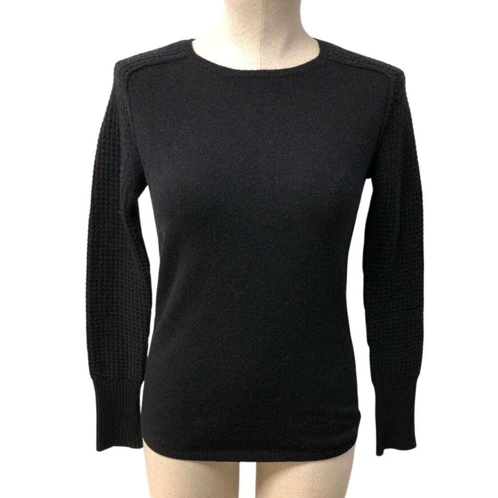 Steven Alan Sweater Womens Small Black 100% Cashmere Waffle Knit Sleeve Crew